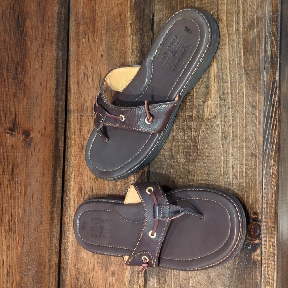 Sperry TopSider Gold Cup Brown Leather Flip Flop Thong Sandals - Men's Size 10